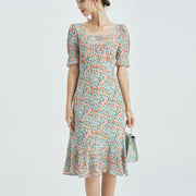 Summer Silk Dress French Square Neck Dress