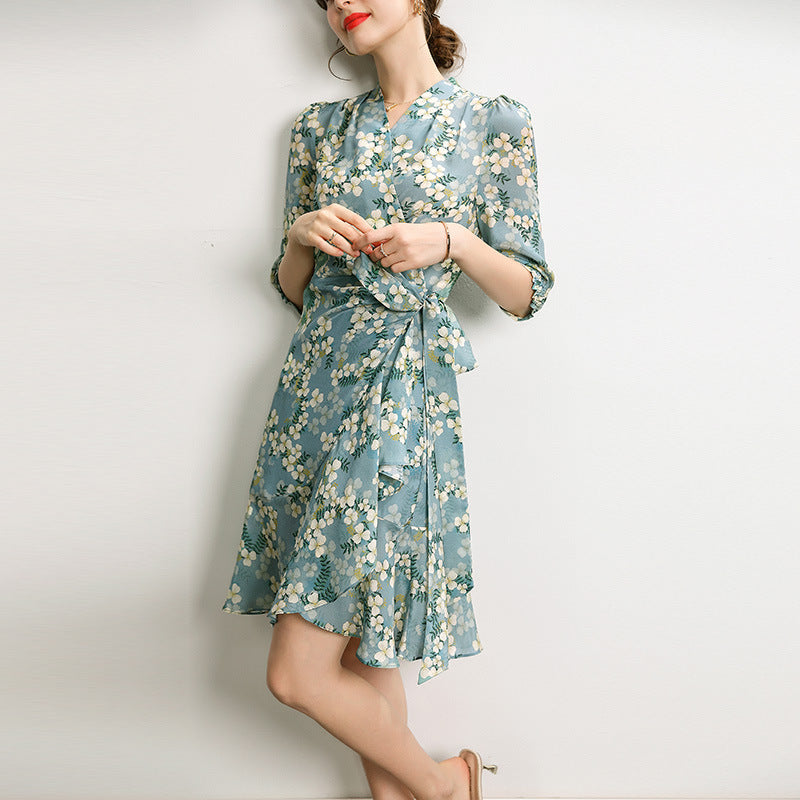Women's Summer Mulberry Silk Dress Mid-length Printed Three Quarter S –  Dresslittly