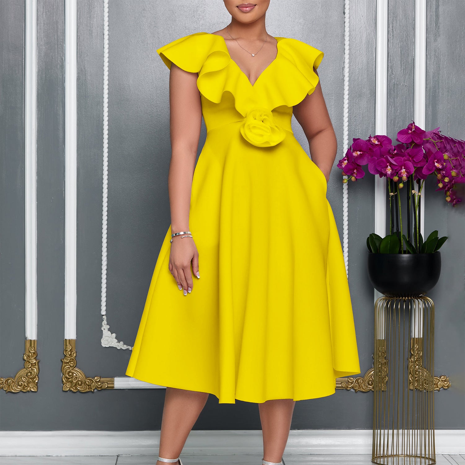2025 Summer V-Neck Ruffled Floral A-Line Party Dress