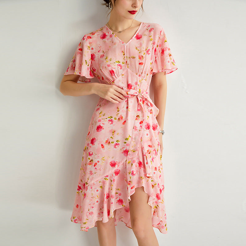 Silk Floral Midi Dress with Ruffle Hem and Tie Waist