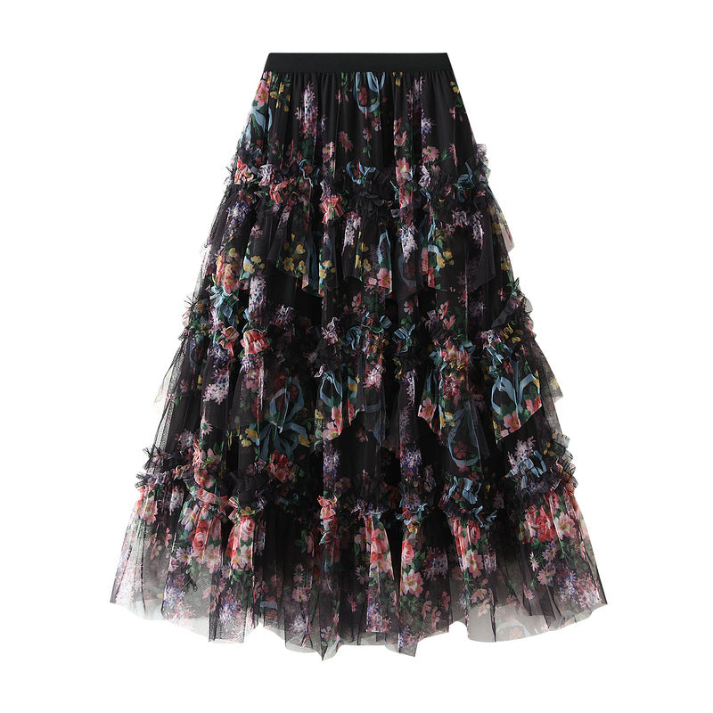 Irregular Patchwork Colorful Flower Mesh Skirt