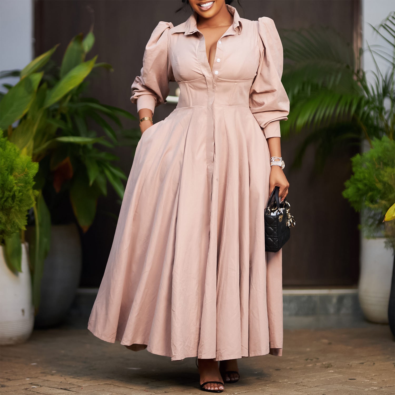 2025 Summer Long Sleeve High Waist A-Line Shirt Dress