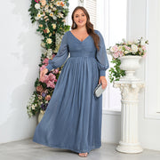 Fall Plus Size Glitter V-Neck Pleated Long Sleeve Formal Gown Dress