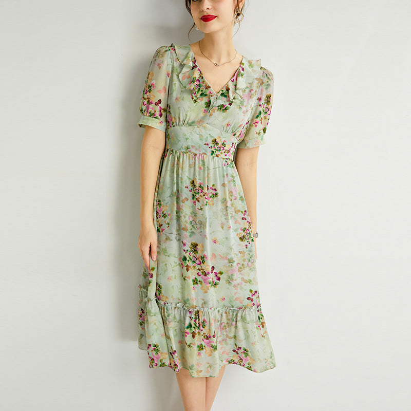 Women's Summer Mulberry Silk Dress Mid-length V-neck Fashion Slim Dre – Dresslittly Women's Summer Mulberry Silk Dress Mid-length V-neck Fashion Slim Dre – Dresslittly