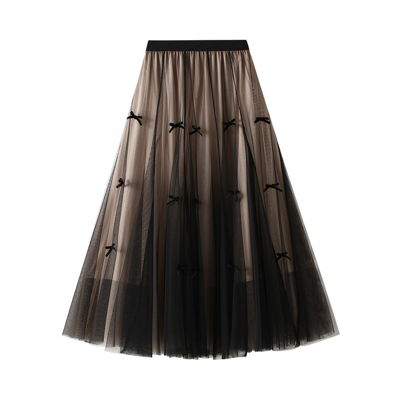 Autumn and Winter Bow Mesh Skirt Slimming High Waist Skirt