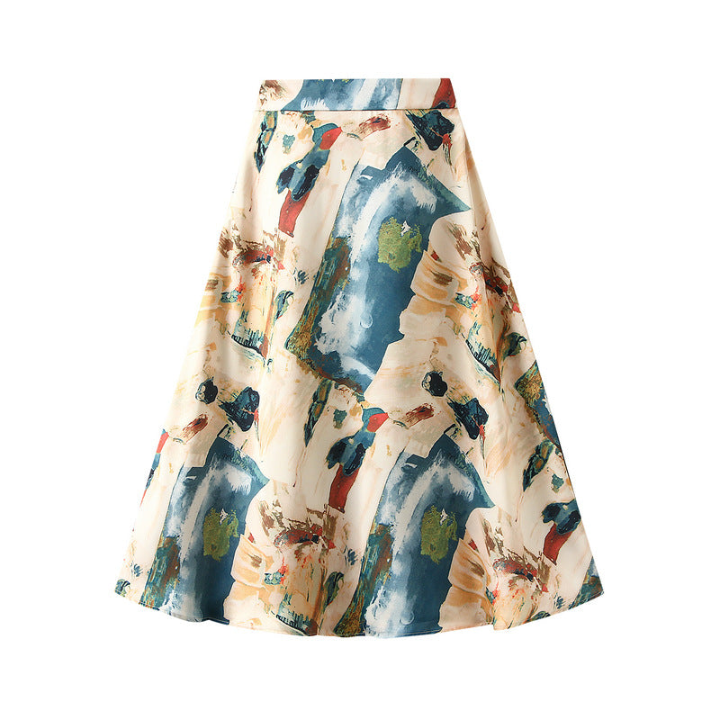 Satin Printed Elastic Waist Draped Skirt