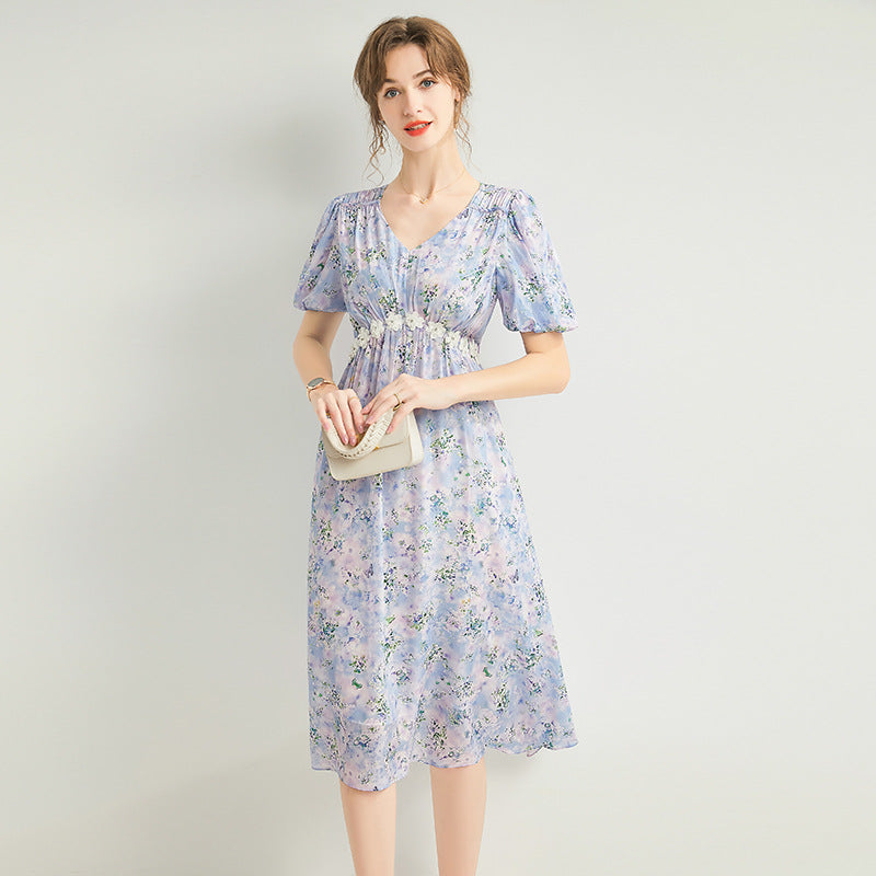 Silk Floral Midi Dress with Shirring and Puff Sleeves