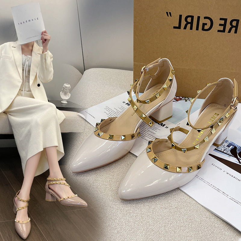 Patent Leather Rivet Strap Block Heel Sandals with Closed Toe