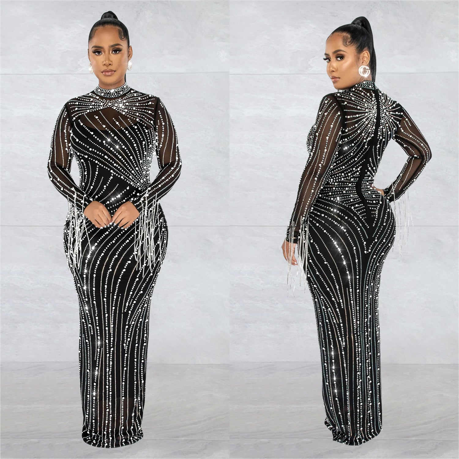 Crystal Mesh Two-Piece Maxi Dress Long Sleeve Evening Gown Formal