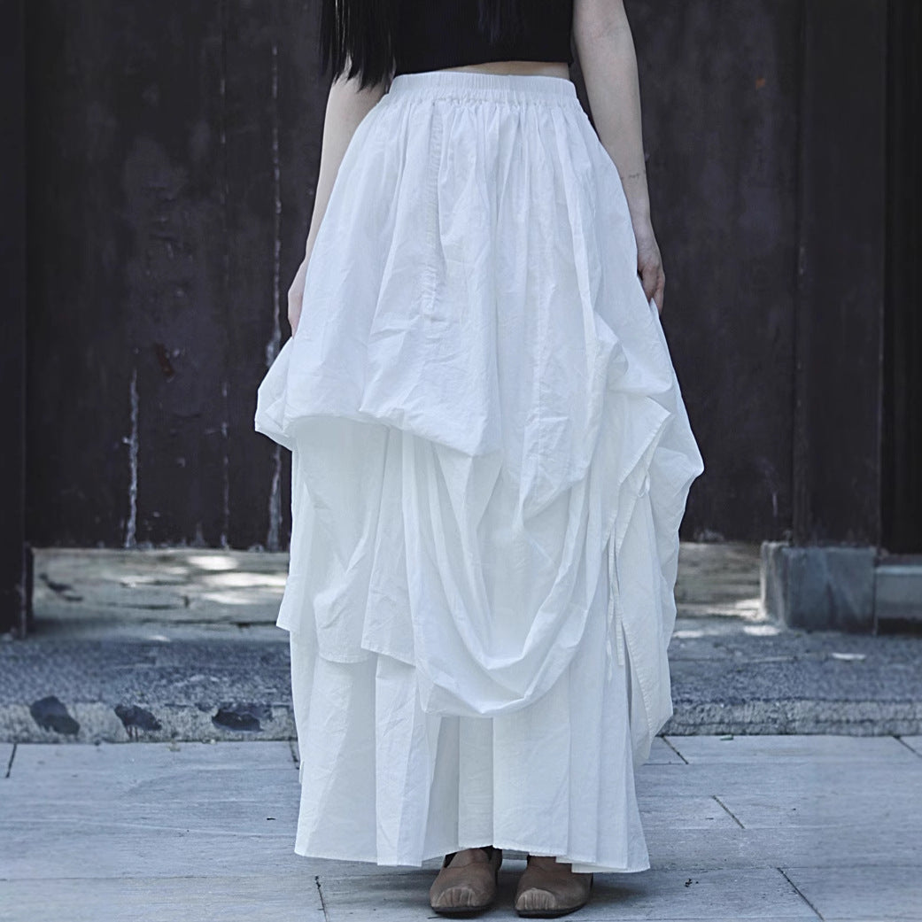 Dark Aesthetic Oversized Cotton Tiered Skirt with Washed Texture