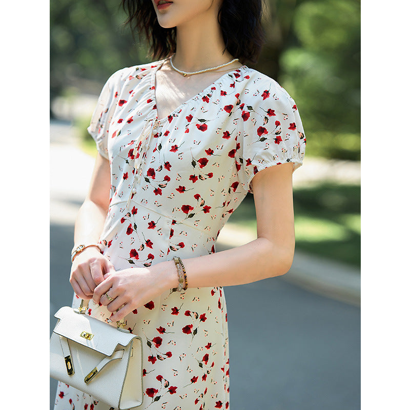 Women Summer Petite Floral Silk V-Neck Dress with Bow Accent A-Line