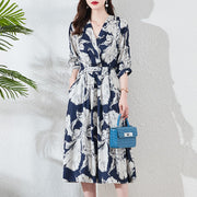 Plus Size Summer Floral Print Silk V-Neck Midi Dress with Adjustable Side Tie