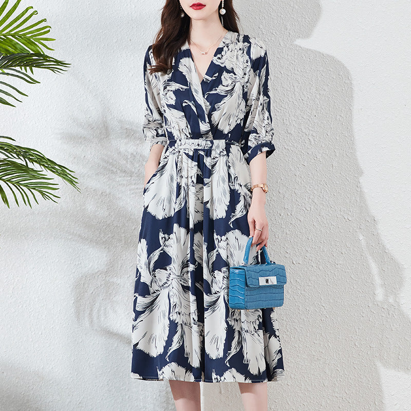 Plus Size Summer Floral Print Silk V-Neck Midi Dress with Adjustable Side Tie