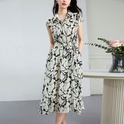 Summer Floral Print Silk Shirt Dress with Adjustable Belt & Flounce Hem