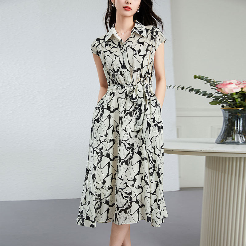 Summer Floral Print Silk Shirt Dress with Adjustable Belt & Flounce Hem