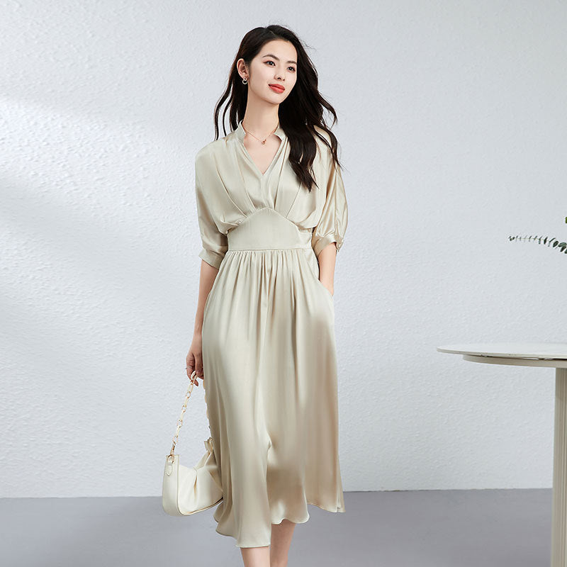 Summer Womens French V-Neck Silk Satin Maxi Dress with Flowy Skirt