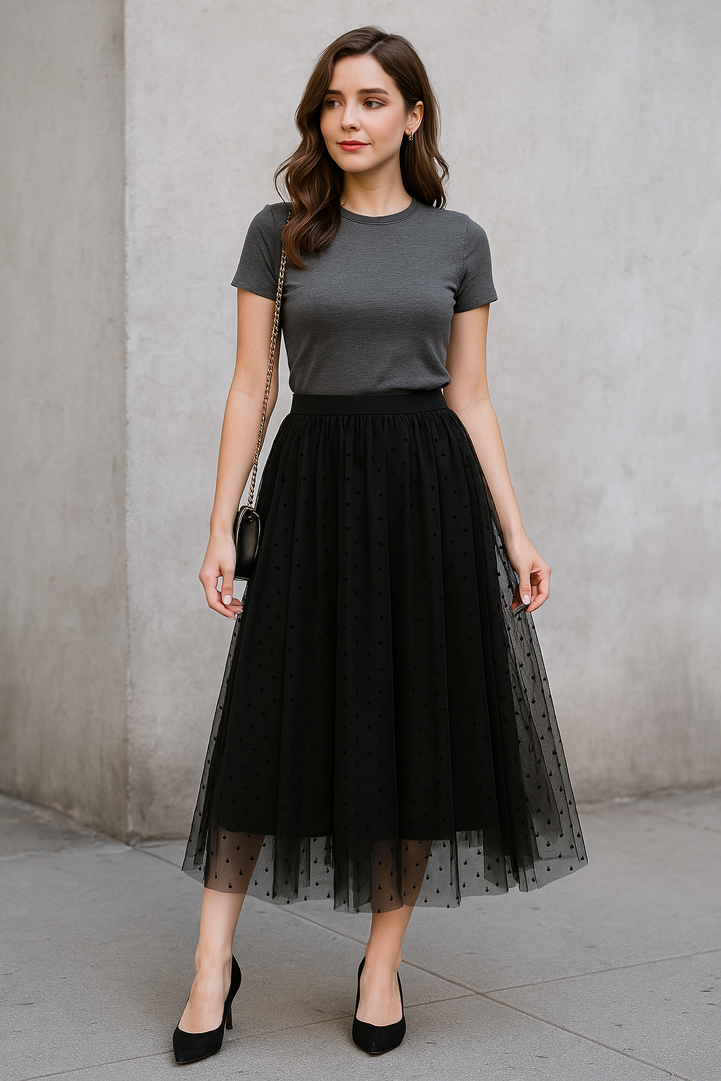 Polka Dot Mesh Skirt Mid Length A-Line Skirt