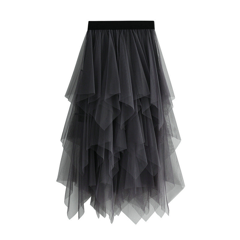 High Waist Slimming Flower Bud Irregular Mesh Skirt