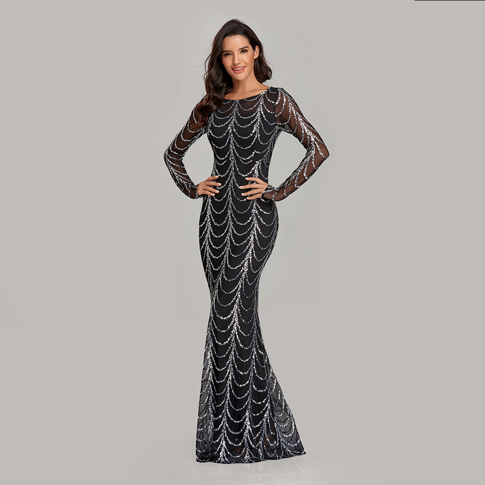 Autumn Winter O-Neck Wave Sequins Women Maxi Party Dresses
