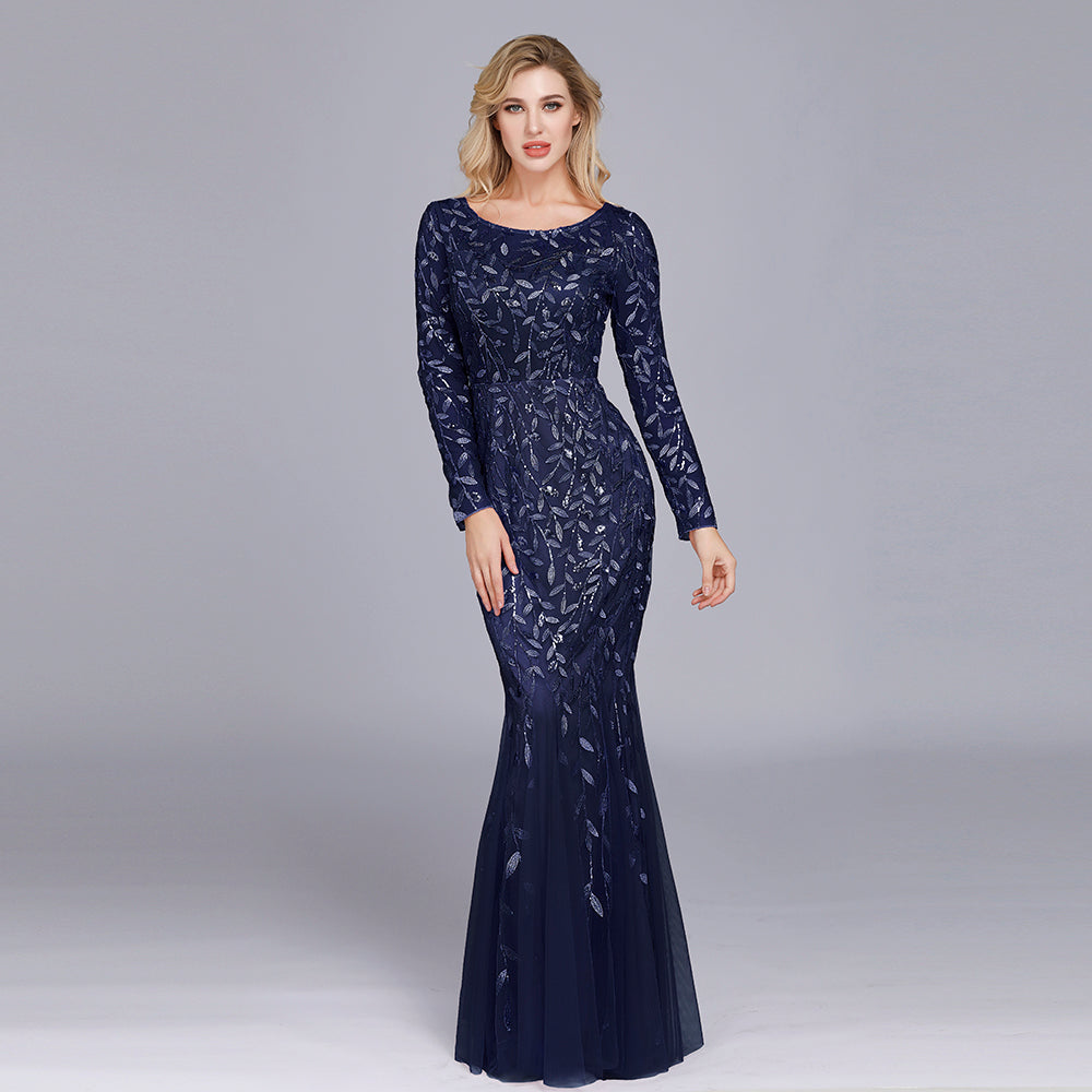 Evening Dresses Mermaid O Neck Full Sleeve Lace Appliques Tulle Long   Dresslittly
