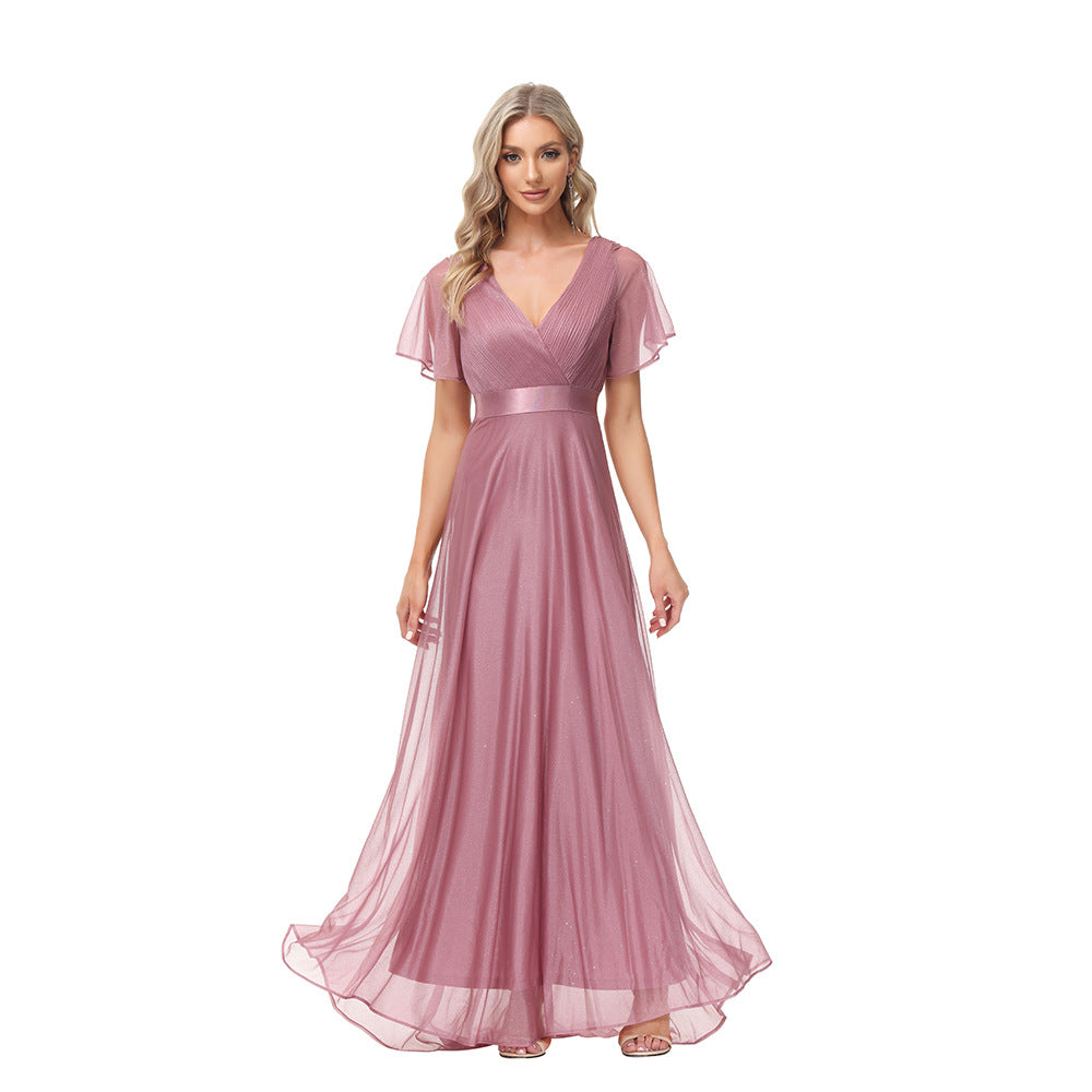 Sparkling Party Dress V-Neck Mesh Ruffle Sleeve Stretch Evening Dress