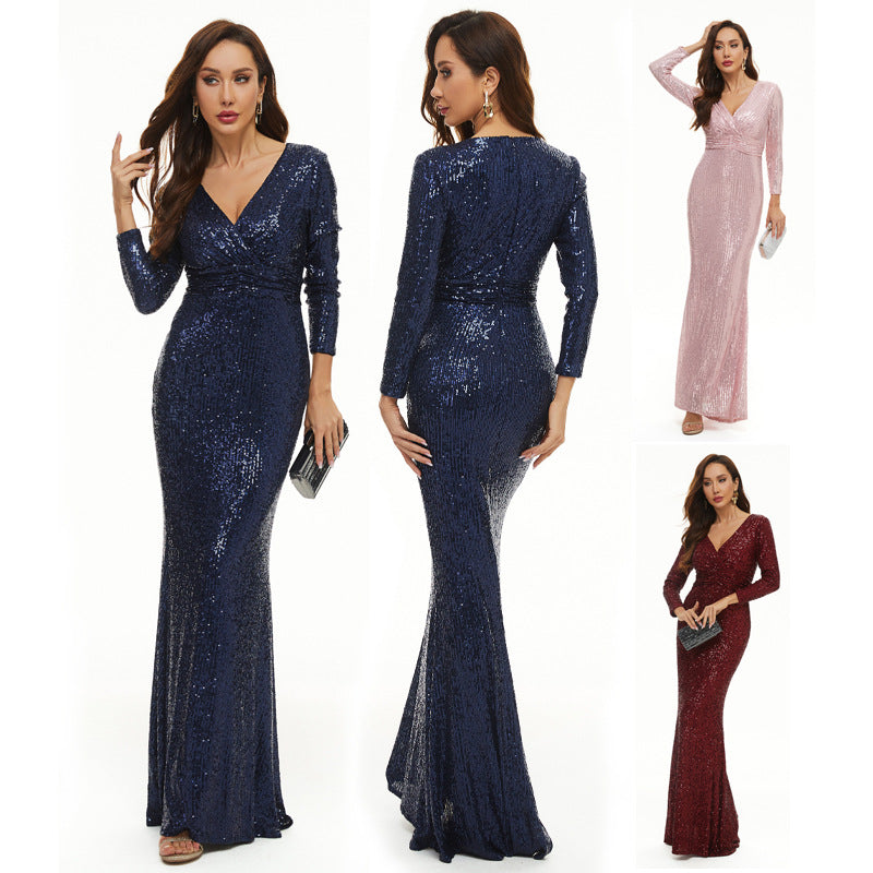 Long Sleeve V Neck Sequined Fishtail Evening Dress