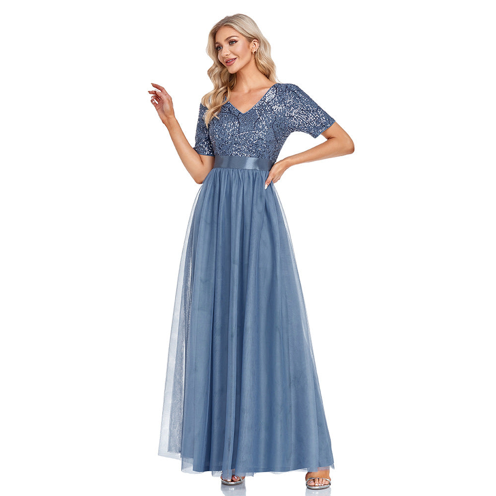 V-Neck Short Sleeve Sequined Tulle A-Line Elegant Prom Evening Dress