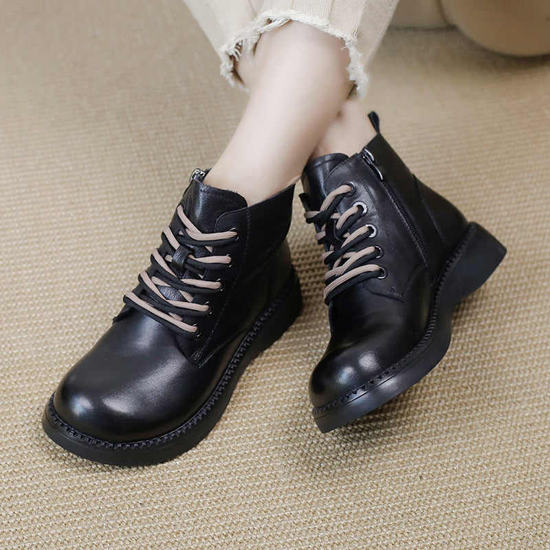 Genuine Leather Round Toe Martin Boots Thick Soled Women's Shoes Dresslittly Genuine Leather Round Toe Martin Boots Thick Soled Women's Shoes Dresslittly