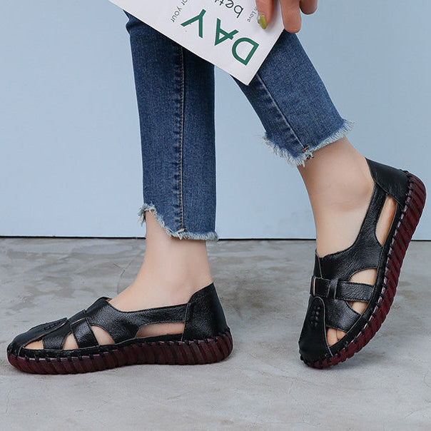 Leather Hollow Women's Shoes Comfortable Soft Bottom Non-slip Flat Sandals