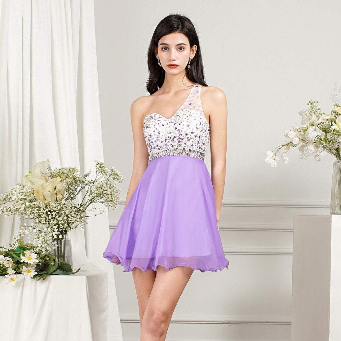 Lavender one-shoulder beaded tulle homecoming dress — what to wear to a homecoming dance