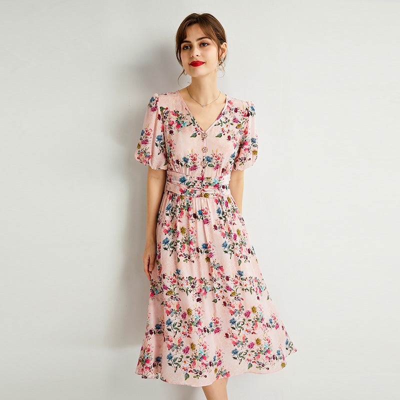 Summer wedding guest dress in a lightweight printed silk fabric