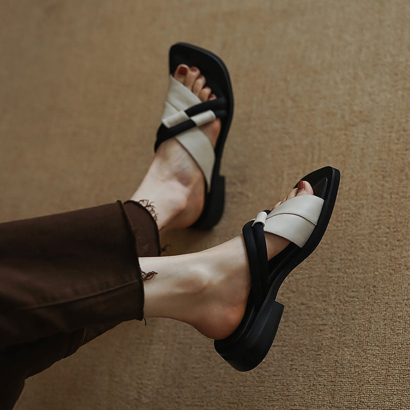 Women's summer colour matching mid-heel leather sandals styled for warm-weather outfits
