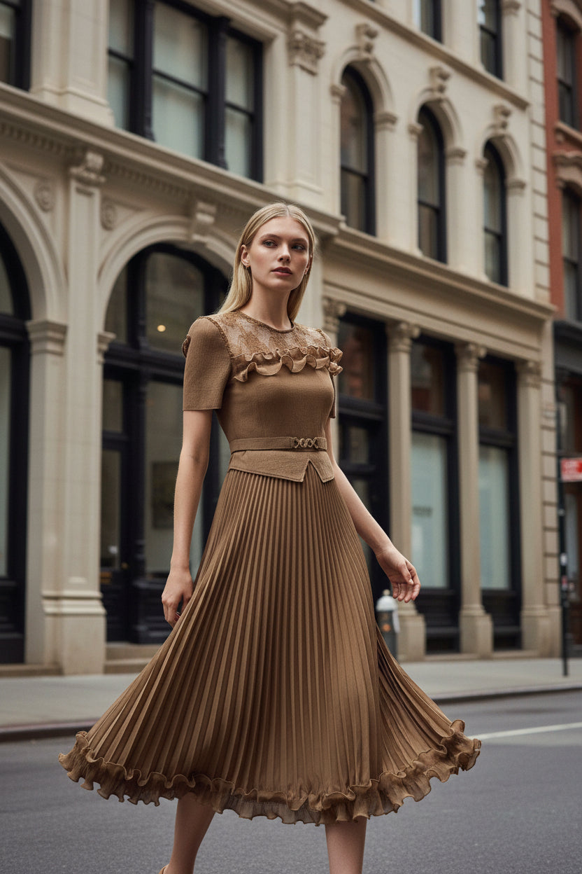 Elegant pleated lace midi dress styled on the street — how to style a midi dress