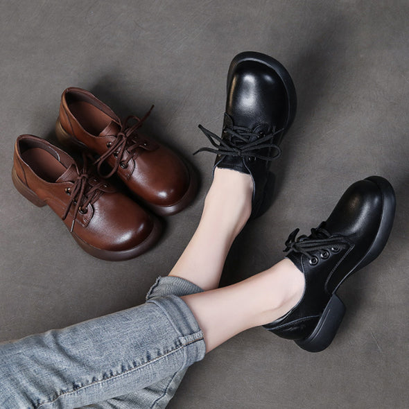 Retro Handmade Genuine Leather Low Heel Women's Lace-up Comfortable Shoes