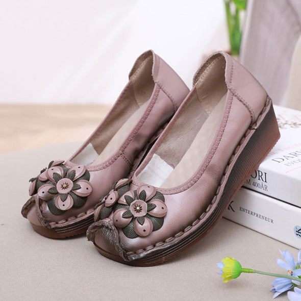 Genuine Leather Wedge Loafers Floral Design Slip-Resistant Soft Sole Shoes for Moms