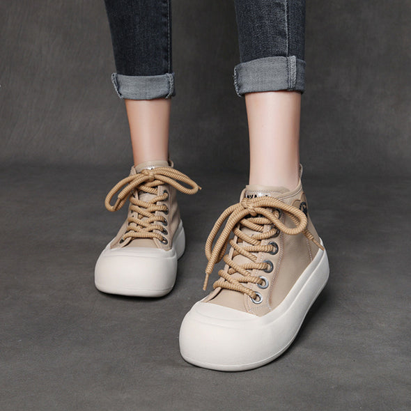 Leather Lace-up Casual Soft-soled Mid-cut Women's Boots