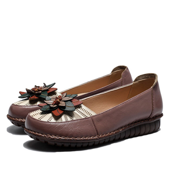Women's Genuine Leather Flat Non-slip Soft Sole Comfortable Shoes Flower Casual Flat Shoes