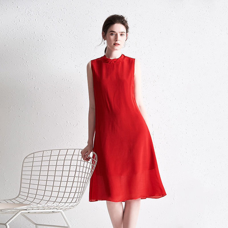 Silk Loose Fashion Temperament Red Sleeveless Vest A-Line Dress