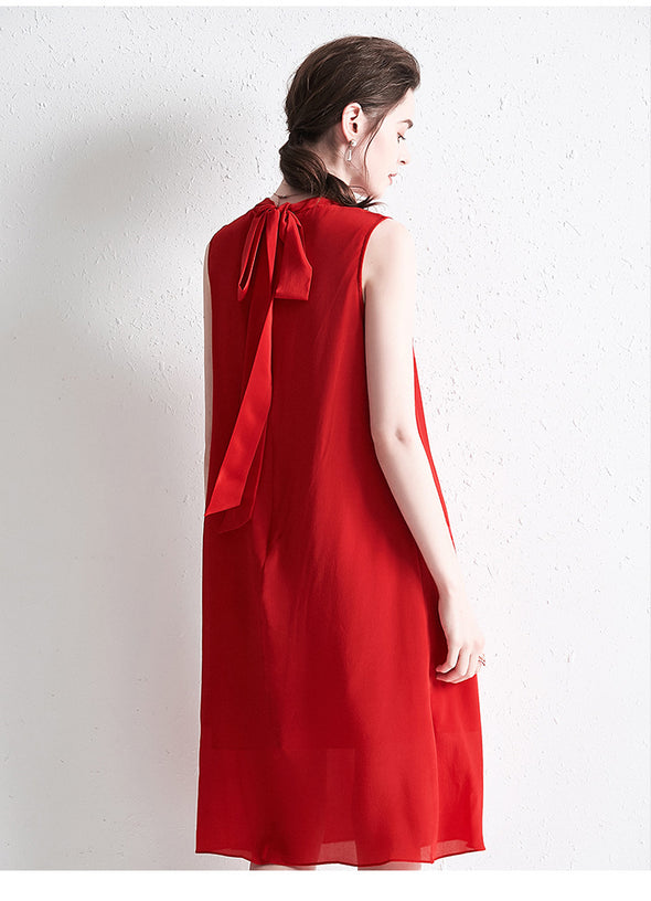 Silk Loose Fashion Temperament Red Sleeveless Vest A-Line Dress