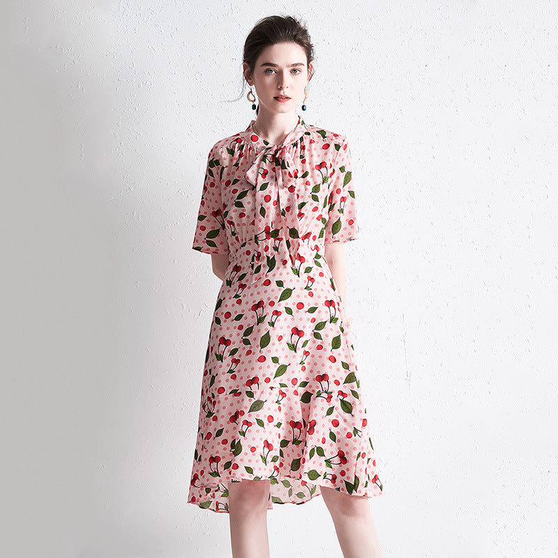 Ladies Silk Short Sleeve Mid Length Dress Crepe Chine Print Dress