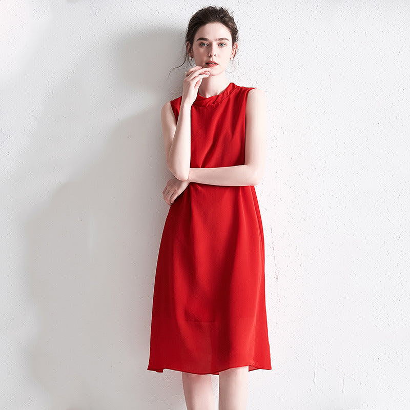 Silk Loose Fashion Temperament Red Sleeveless Vest A-Line Dress