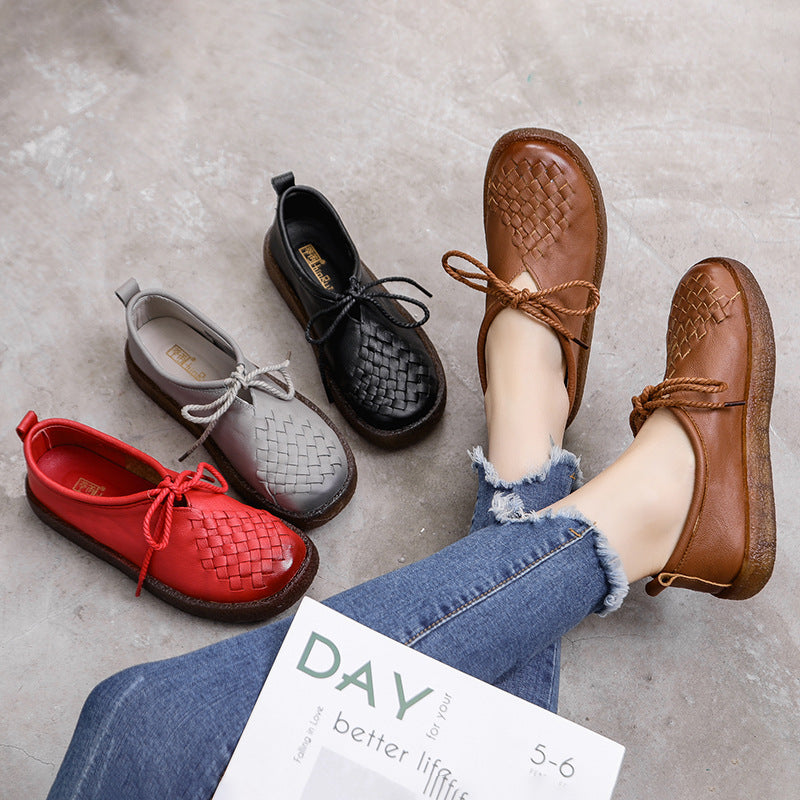 Women's Casual Leather Flat Shoes Soft Sole Woven Shoes