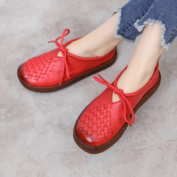 Women's Casual Leather Flat Shoes Soft Sole Woven Shoes