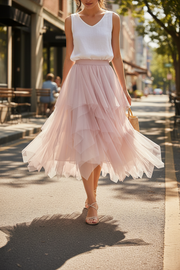 High Waist Slimming Flower Bud Irregular Mesh Skirt