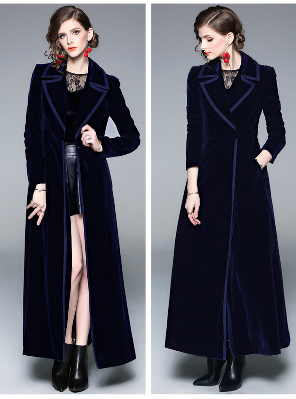 Womens Long Trench Coat Velvet Knee-Length Blended Hem Overcoat