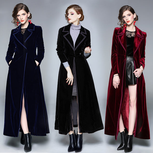 Womens Long Trench Coat Velvet Knee-Length Blended Hem Overcoat