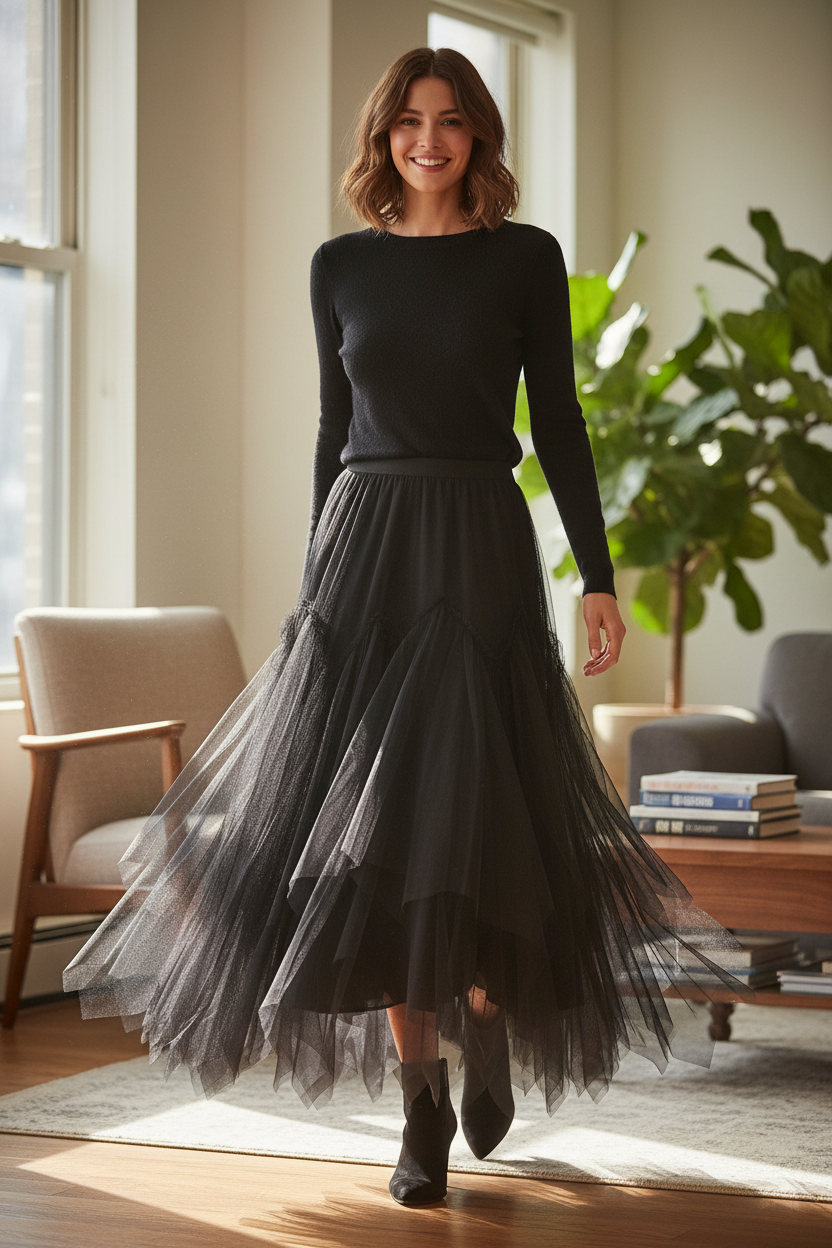 Women's Mid-length A-line Skirt Mesh Irregular Pleated Skirt