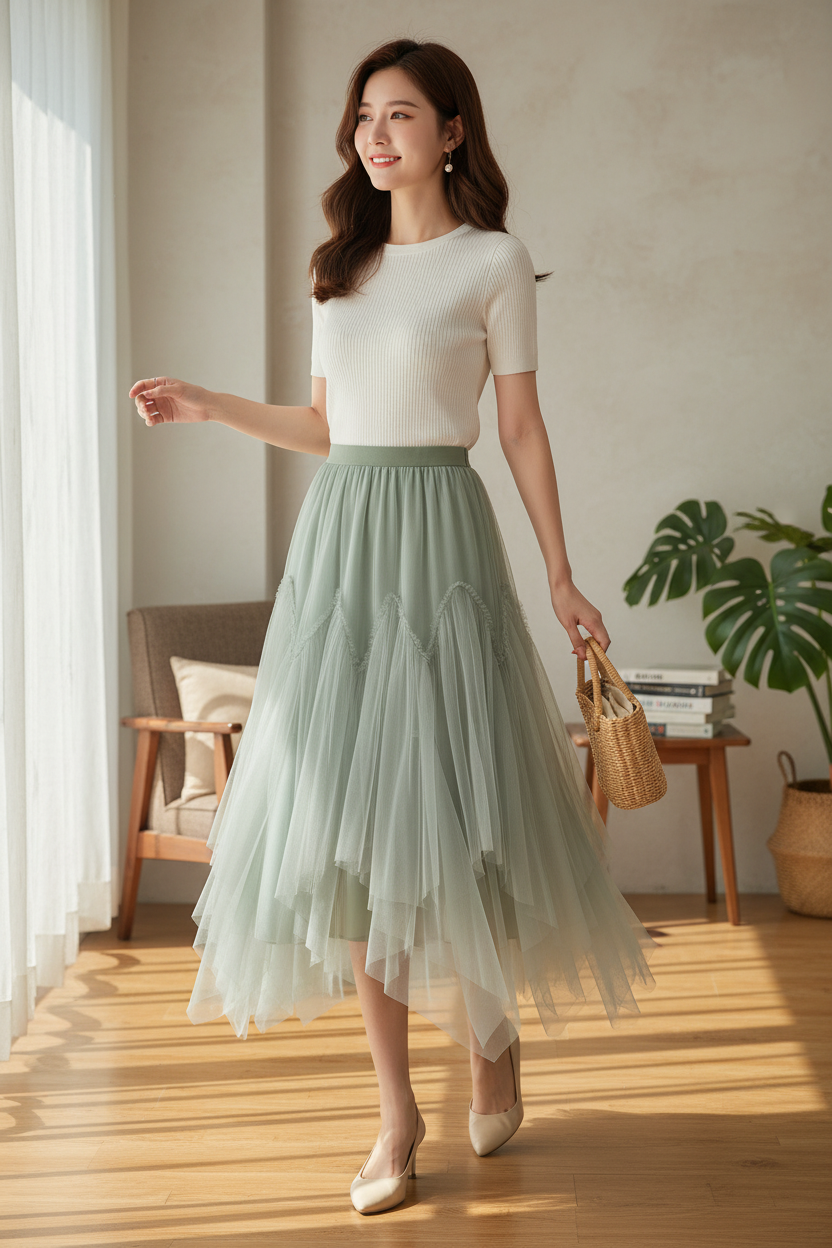 Women's Mid-length A-line Skirt Mesh Irregular Pleated Skirt