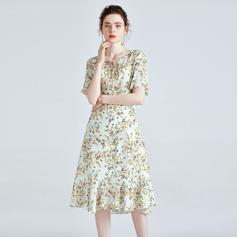 Mulberry Silk High-end Printed Short-sleeved Dress Slim Waist Mid-length Dress
