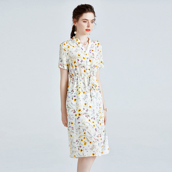 Summer Floral Silk Dress V-neck Short-sleeved Loose Waist Slit Dress